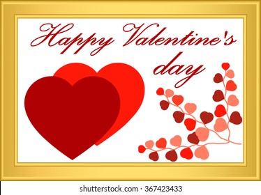 two red hearts on a white background, happy Valentine's day, in a Golden rectangular frame, vector