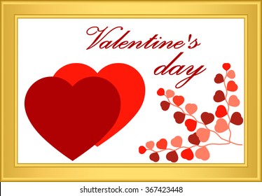 two red hearts on a white background, Valentine's day, in a Golden rectangular frame, vector