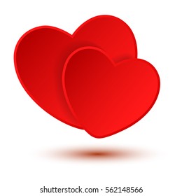 Two red Hearts on a white background. Valentines Day Background. Vector illustration.