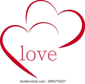 Two red hearts one after another. In the middle there is an inscription "love". Icon.