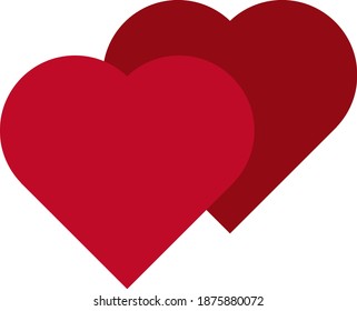 Two red hearts. One heart in front of another in back. Valentine's Day. Festive decor. Heart shaped postcard.