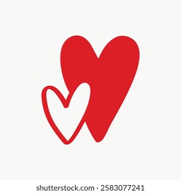 Two red hearts, one larger and one smaller, on a white background. Simple heart design, heart shapes in red, love symbol, minimalist heart illustration. Valentine's Day illustration vector.