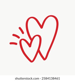 Two red hearts, one larger and one smaller, drawn with simple lines. The hearts symbolize love and affection, with a minimalist and clean design. Valentine's Day illustration vector.