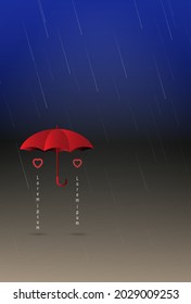 Two red hearts open an umbrella on a rainy night