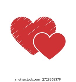 Two red hearts overlapping in hand drawn style illustration