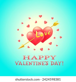 Two red hearts pierced by an arrow of cupid cupid with the word LOVE and the inscription Happy VALENTINE'S DAY, on a bright blue square background. A greeting card. Romance. Vector illustration.