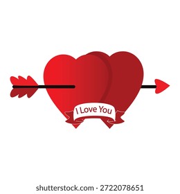 Dos corazones rojos perforados por la flecha de Cupido con la cinta de Anuncio I Love You, romántico clásico símbolo de San Valentín para boda o Ilustración vectorial de compromiso aislado.
