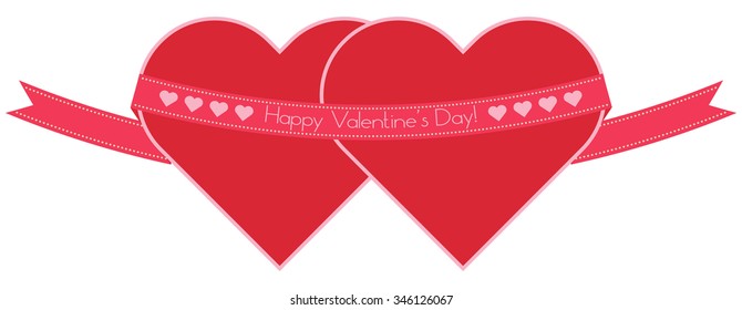 two red hearts with pink ribbon, Happy Valentine's Day isolated vector