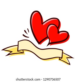 Dos corazones rojos y una cinta con contornos dibujados a mano