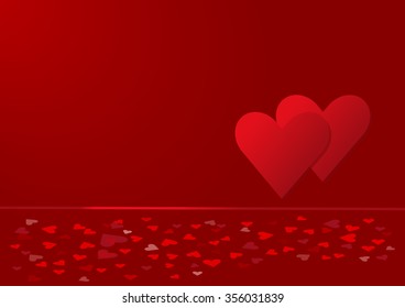 Two red hearts are in the right side of the vector. Many small hearts are under the red link in lower edge of the vector. Everything is on a red background with light in the upper left corner.