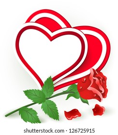 Two red hearts and rose. Valentine's day.