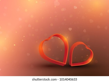 Two red hearts is the symbol of love on falling heart like snow with gold lights background