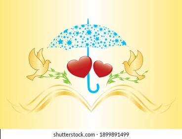 two red hearts under star umbrella - vector illustration