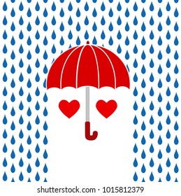 Two red hearts under red umbrella on rain, Valetine's Day greeting card, stock vector illustration