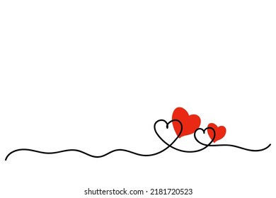 Two red hearts with watercolor spots. Valentine's day. Continuous line drawing. Holiday card, romantic, wedding design elements. Symbol of love.