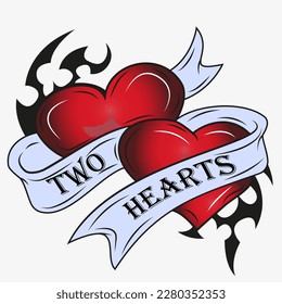 Dos corazones rojos dentro de la ilustración del vector de tatuaje de cinta morada