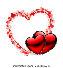 Two red hearts with a wreath like a heart, Valentine's Day.