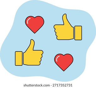 Dos corazones rojos y dos pulgares amarillos para arriba en un fondo ondulado azul claro como la Aprobación