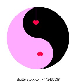 Two red hearts in yin yang symbol. Vector illustration. For congratulations on Valentine's day. And also for printing on postcards, fabrics, towels, pillows, paper and other types of printing. 