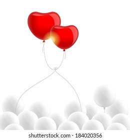 Two red heart-shaped balloons above white balloons