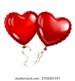 Dos globos rojos en forma de corazón con superficies brillantes y cintas doradas sobre un fondo blanco.