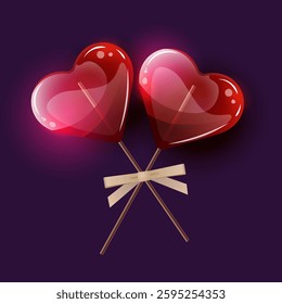 Two red heart-shaped lollipops on a dark purple background.