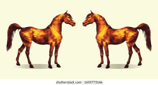 two red horses standing opposite each other, isolated image on a white background in the low poly style