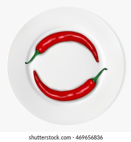 two red hot chilly peppers on plate isolated on white background