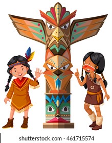 Two Red indians and totem pole illustration