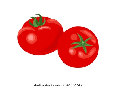 Dois tomates suculentos vermelhos isolados no fundo branco.Vetor desenho animado ilustração plana. Ícone de vegetal fresco.