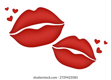 Dois lábios vermelhos com corações voadores, isolados sobre um fundo transparente. Ilustração de beijo romântica para cartão de saudação do Dia dos Namorados, cartaz de amor, design cosmético de beleza ou anúncio de batom. EPS