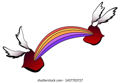 Two red lips with wings and rainbow isolated on the white background. 