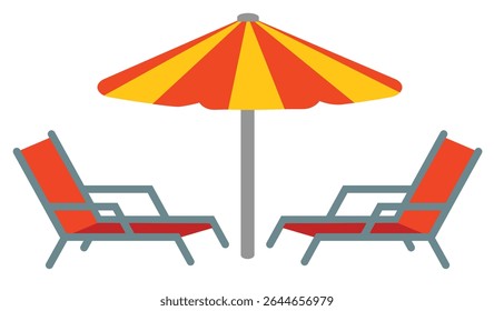 Two red lounge chairs with gray frames face each other, positioned on either side of a large beach umbrella.