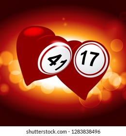 Two Red Love Hearts with Bingo Lottery Numbers Over Glowing Background