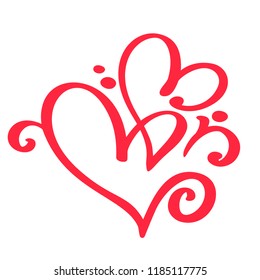 Two red lovers heart. Handmade vector calligraphy. Decor for greeting card for Valentine's Day, mug, photo overlays, t-shirt print, flyer, poster design
