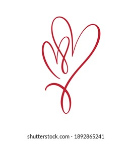 Two red lovers heart logo. Handmade vector calligraphy. Decor for greeting card, mug, photo overlays, t-shirt print, wedding flyer, poster design for Valentines Day.