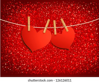 Two red loving hearts hanging on a rope. Vector illustration