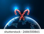 Two red low poly glowing candy canes crossed above Earth globe. Futuristic global Christmas concept for holiday branding, digital greetings, or tech-themed visuals. Vector illustration