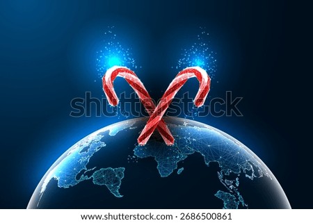 Two red low poly glowing candy canes crossed above Earth globe. Futuristic global Christmas concept for holiday branding, digital greetings, or tech-themed visuals. Vector illustration