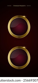 Two red luxury vector circular buttons design featuring a rich burgundy red center, enclosed by a shiny gold metallic border. used in banner, button, web UI design.