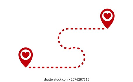 Two red markers with hearts inside, connected by a dashed line. The line curves, connecting the path between the two points. Design for Valentine's Day. 14 February. Love and warmth