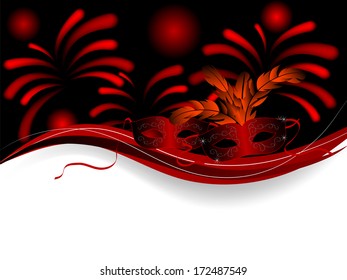 Two red masks and fireworks on black background