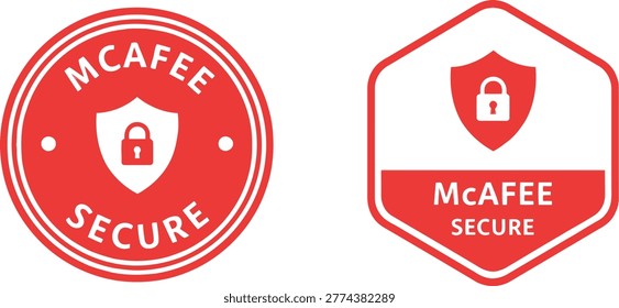 Two red McAfee Secure badges featuring shield and padlock icons on a white background for web security.