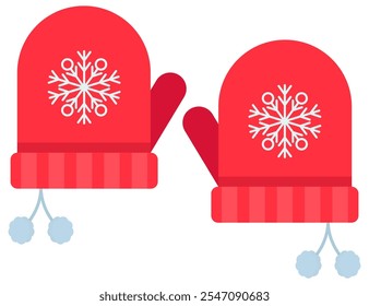 Two red mittens with snowflakes icon isolated on white background.