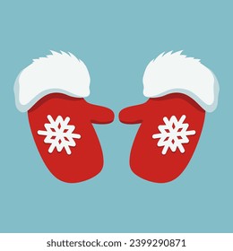 Two red mittens with snowflakes on them. Red mittens of Santa Claus with fur. Symbol of Christmas and New Year. Warm clothes for the winter season. Vector illustration.