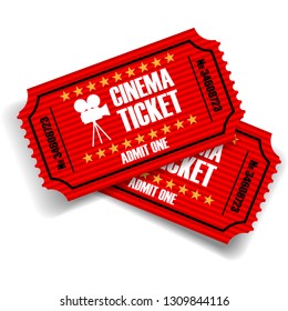 Two red movie tickets on a white background. 3D vector. High detailed realistic illustration