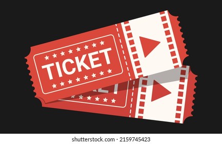 Two red movie tickets with white letters. Vector, flat, vintage style.