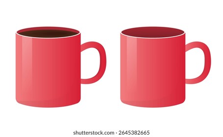 Two red mugs, one filled with coffee and the other empty, vector eps10 illustration
