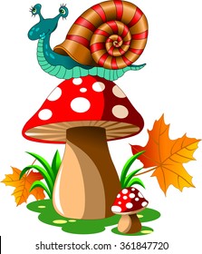 two red mushroom with white spots and a snail