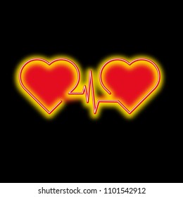 Two red neon hearts are connected between them by a cadogram on a black background. Vector illustration.